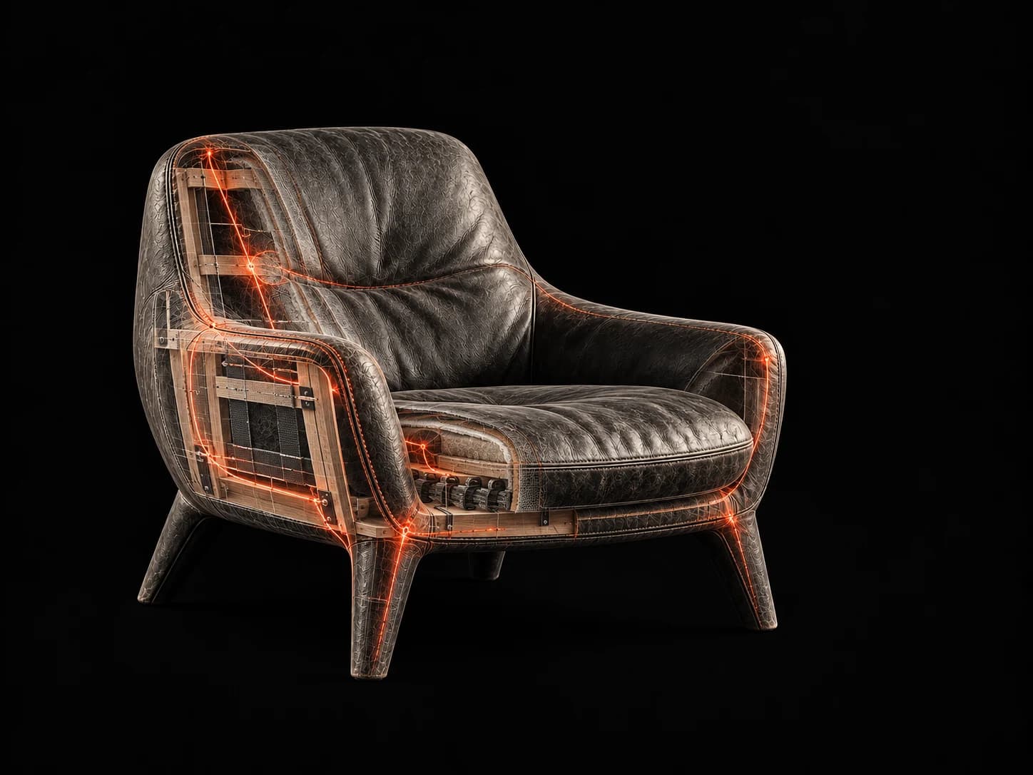 The same lounge chair revealing its internal frame and infrared craft paths.